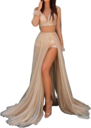 Tarik Ediz Macerta Sheer Bodice High Slit Dress In Stone