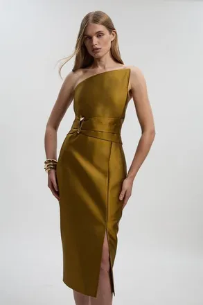 Karen Millen Satin Twill Asymmetric Neck Midi Dress in Gold at Nordstrom, Size 12