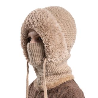 Generic 3 in 1 Beanie Hat for Women Winter Sherpa Hood Ski Mask Thermal Fleece Wooly Hats Ladies Warm Knitted Windproof Balaclava Scarf with Face Cover Bobble