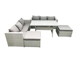 Fimous Rattan Garden Furniture Set 8 Seater Outdoor Sofa Set with Dining Table 2 Big Footstools Light Grey Mixed
