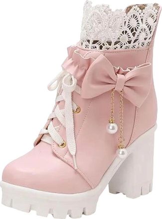 Generic Ladies Ankle Boots Round Toe Super High Block Heel Platform With Lace Up Closure And Butterfly-Knot Accent