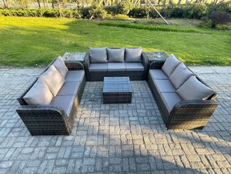 Fimous Rattan Outdoor Furniture Set Patio Garden Sofa Set with 2 Side Table Square Coffee Table Dark Grey Mixed
