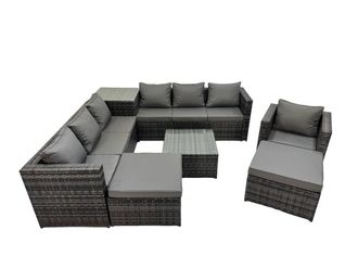 Fimous 9 Seater Garden Outdoor Rattan Furniture Set & Side Table 2 Big Stool in Dark Grey