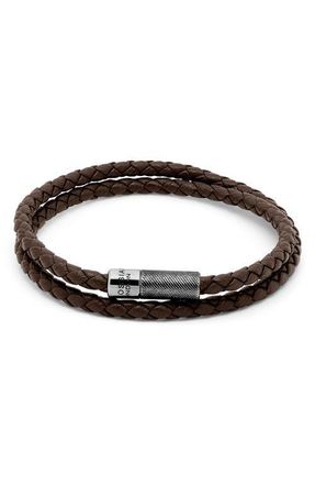 Tateossian Mens Rigato Braided Leather Double Wrap Bracelet in Brown at Nordstrom, Size Medium