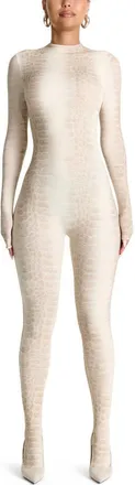 Naked Wardrobe Animal Print Closed Toe Jumpsuit in Bone Croc at Nordstrom, Size X-Small