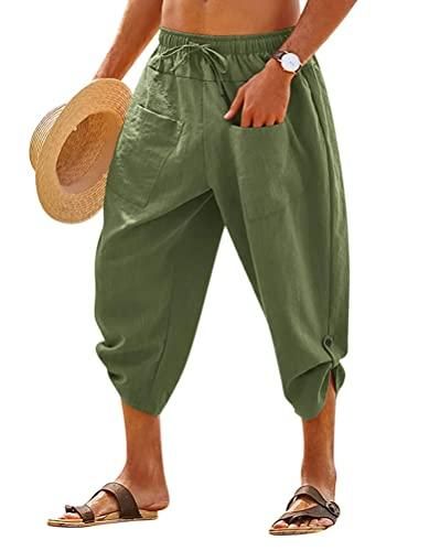 Minetom Pantalon Lin Coton Homme 3/4 – Bermuda Cargo Lâche Grande Taille – Style Décontracté Été Avec Poches