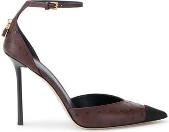 Elisabetta Franchi Schoenen, Dames, Bruin, 39 EU, Leer, Sandalen met struisvogeltextuur en juweelhangslot