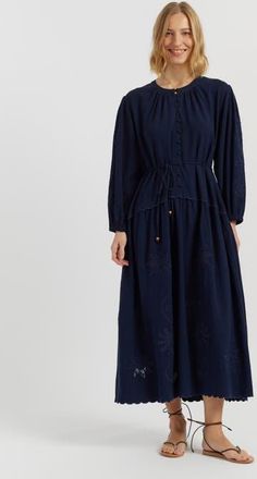Chinti and Parker Sienna Linen-Blend Broderie Dress in Navy at Nordstrom, Size 10