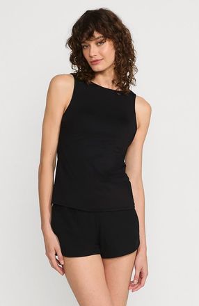 Lands End High Neck UPF 50 Modest Tankini Top Swimsuit in Black at Nordstrom, Size 8