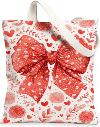 Generic ValentineS Day Floral Canvas Tote Bags, Romantic Bow Pattern Reusable Grocery Bags, Lightweight Washable Shoulder Strap Ca, Red, 13x15 Inch