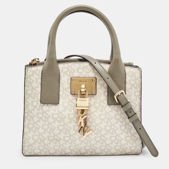 DKNY Dkny Grey/beige Signature Coated Canvas And Leather Padlock Charm Tote