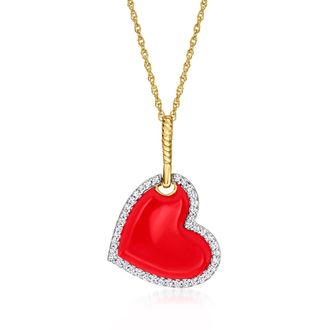 Ross-Simons Red Enamel and. Diamond Heart Pendant Necklace in 18kt Gold Over Sterling