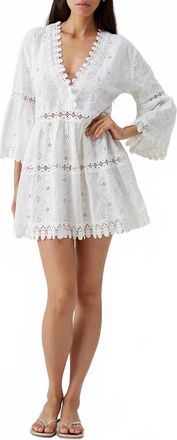 Melissa Odabash Victoria Embroidered V-Neck Bell Sleeve Dress In White
