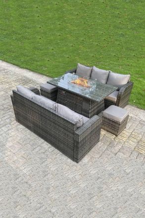 Fimous Rattan Outdoor Furniture Gas Fire Pit Rectangle Dining Table Gas Heater Sofa Small Footstools