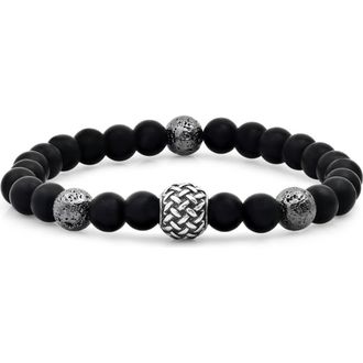 Steeltime Black Lava & Stainless Steel Beaded Stretch Bracelet in Black-Metallic at Nordstrom Rack