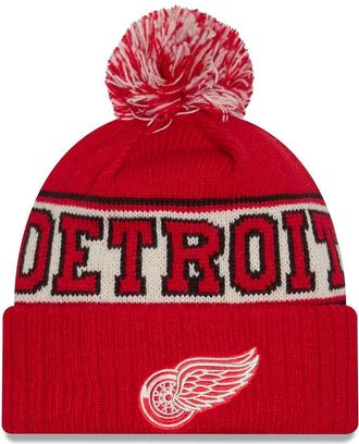 New Era NHL Unisex-Adult Primary Logo Retro Pom Cuffed Knit Fleece Lined Cold Weather Beanie Hat, Detroit Red Wings - Red, One size