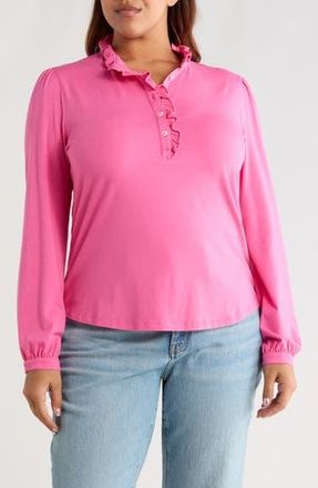 Caslon Ruffle Detail Long Sleeve Henley in Pink Fizz at Nordstrom Rack, Size 1X