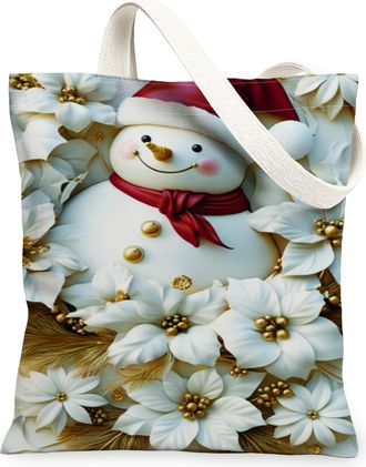 Generic Winter Snow Man Floral Canvas Tote Bags, Elegant Poinsettia Reusable Grocery Bags, Holiday Lightweight Washable Shoulder St, White, 13x15 Inch