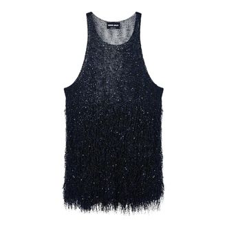 Giorgio Armani Sleeveless Tops, female, Blue, Size: 2XS Lurex Jersey Top with Fringes