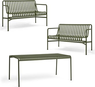 HAY Palissade Tisch + 2x Dining Bench, olive