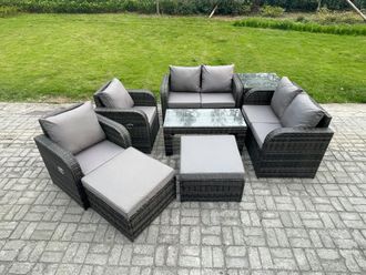 Fimous 8 PCS Garden Furniture set Rattan Outdoor Lounge Sofa Table Chair With Tempered Glass Table Dark Grey Mixed