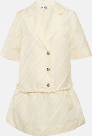 Ganni Ganni Cream Diagonal Stripe Crepe Frayed Mini Dress