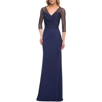 La Femme Jersey Long Dress with Beading and Ruffle Skirt in Navy at Nordstrom, Size 12