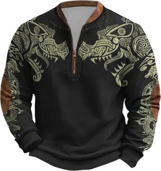 Generic Mens Casual 3D Printed Long Sleeved Pullover with Half Zip Collar, Punk Style Men Streetwear Casual Sweatshirt (Light Green, M)