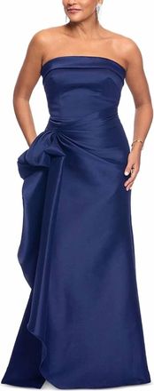 Aqua Draped Strapless Maxi Gown In Navy