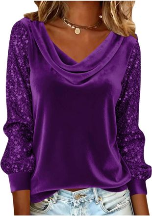 Generic Sequin Tops for Women UK Elegant Velvet Cowl Neck Blouse Ladies Long Sleeve Sparkly Tops Sequin Top Shining Glitter Tshirt Fashion Casual Slim Fit Tun