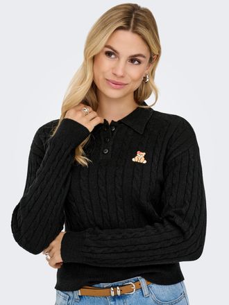Only Strickpullover ONLY ONLKATIA LS CABLE POLO CC KNT, Damen, Gr. XL, schwarz detail:teddy emb, dtm button, Strick, Obermaterial: 50% Viskose, 27% Nylon, 