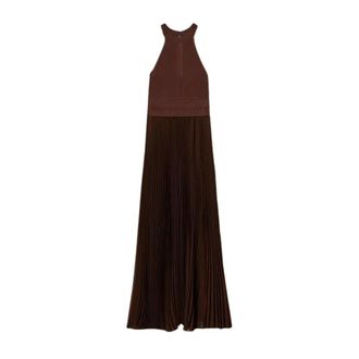 Twinset Abito lungo in maglia e georgette pliss&eacute; - Dames - Avondkleed - Bruin - XL - Kleedjes