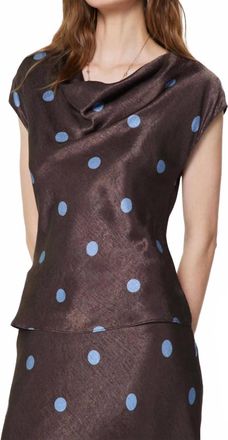 Current Air Polka Dot Draped Cowl Neck Blouse In Brown/blue