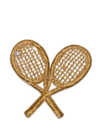 Thom Browne tennis-racket brooch - unisex - Metal/Resin/Faux Pearl - One Size - Gold