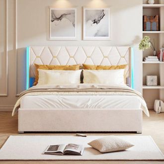 OEM Cama Doble 160x200 - Dise&ntilde;o N&oacute;rdico Beige - Cofre 580l - Iluminaci&oacute;n Rgb - Cabecera Ergon&oacute;mica