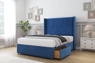 Sloomy Devonshire Plush Divan Set 2 Drawers-54 Wingback in Blue | Size: Double