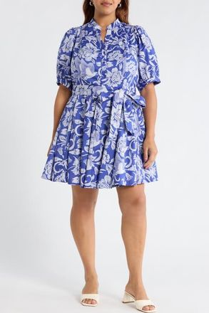 Sugarlips Floral Puff Sleeve Pleated Cotton Shirtdress in Navy-White at Nordstrom, Size 1 X