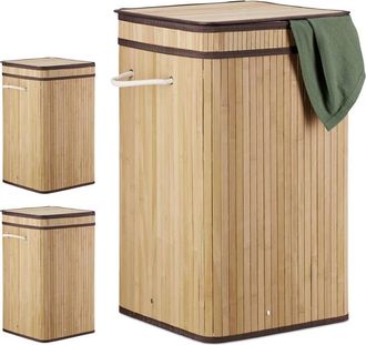 Relaxdays Relaxdays 3x Bamboo Pop-Up Laundry Hamper, with Handles, Portable, 70L Load, Square Laundry Bag, Hx&Oslash;: 63 x 36cm, Natural