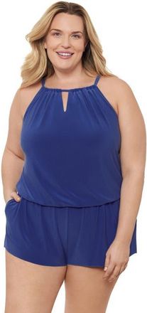 Aqua Green Plus Size Keyhole Blouson Slimming Swimsuit Romper with Pockets in Cerulean at Nordstrom, Size 2X
