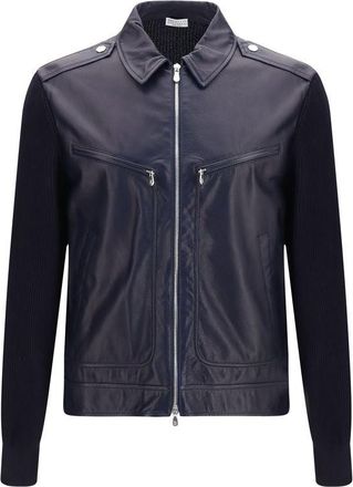 Brunello Cucinelli Blue Calf Leather Bos Taurus Leather Mens Jacket