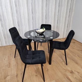 Kosy Koala Round Black Glass Dining Table Set with 4 Black Velvet Chairs Modern Dining Room Furniture in Brown