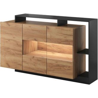 Vente-Unique Credenza 3 ante e 3 nicchie con LED Naturale e Antracite - IDESIA