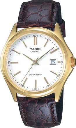 Casio Mens Gold-Tone Analog Watch with White Dial and Brown Leather Strap - MTP-1183Q-7A