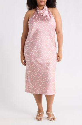 Renee C Polka Dot Halter Neck Satin Midi Dress in Pink at Nordstrom Rack, Size 1X