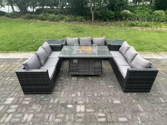 Fimous Outdoor Rattan Gas Fire Pit Dining Table Gas Heater Sets Side Tables 9 Seater in Dark Grey