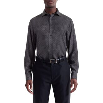 Bugatchi Axel Shaped Fit Geo Print Lyocell Button-Up Shirt in Anthracite at Nordstrom Rack, Size Xx-Large