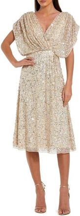 Mac Duggal Sequin Draped Sleeve V-Neck Midi Dress in Nude Silver at Nordstrom, Size 16