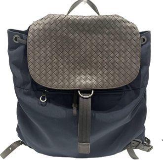 Bottega Veneta Intrecciato Brown Navy Nylon Leather Backpack (Pre-Owned)