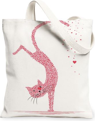 Generic Fanciful Cat Canvas Tote Bags, Artistic Heart Pattern Reusable Grocery Bags, Lightweight Washable Shoulder Strap for Travel, Peach, 13x15 Inch