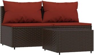 vidaXL Set Muebles De Jard&iacute;n 3 Piezas Y Cojines Rat&aacute;n Sint&eacute;tico Marr&oacute;n Vidaxl